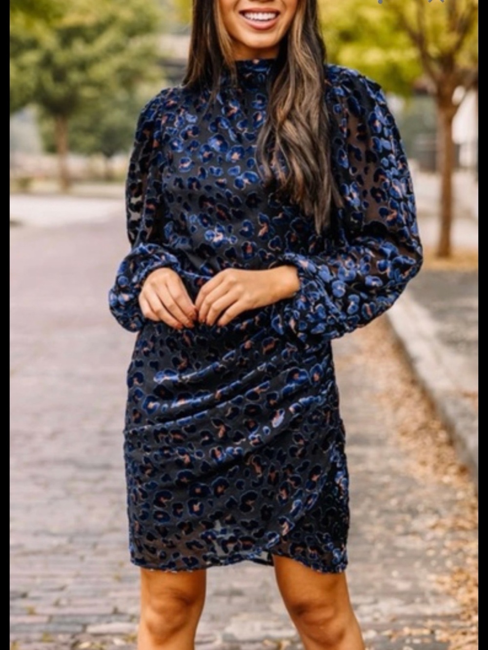 Lush Navy and Black Velvet Leopard-Print Long Sleeve Dress